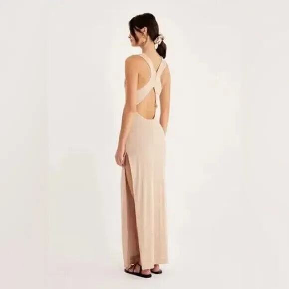 NWT Rumer Rosa Sleeveless Scoop Neck Maxi Dress Open Back Side Split Nude XL - Picture 5 of 16